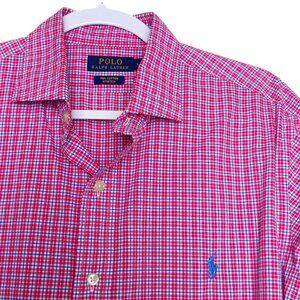 Polo Ralph Lauren Shirt Men's Large Pink Glen Plaid LS Stretch Cotton Pony